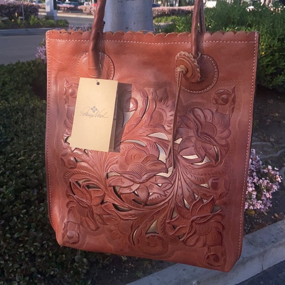 NEW Patricia Nash SPRING TOOLED LEATHER TOTE CAVO DUSTY ROSE LARGE BROWN CUTOUT - Picture 5 of 16